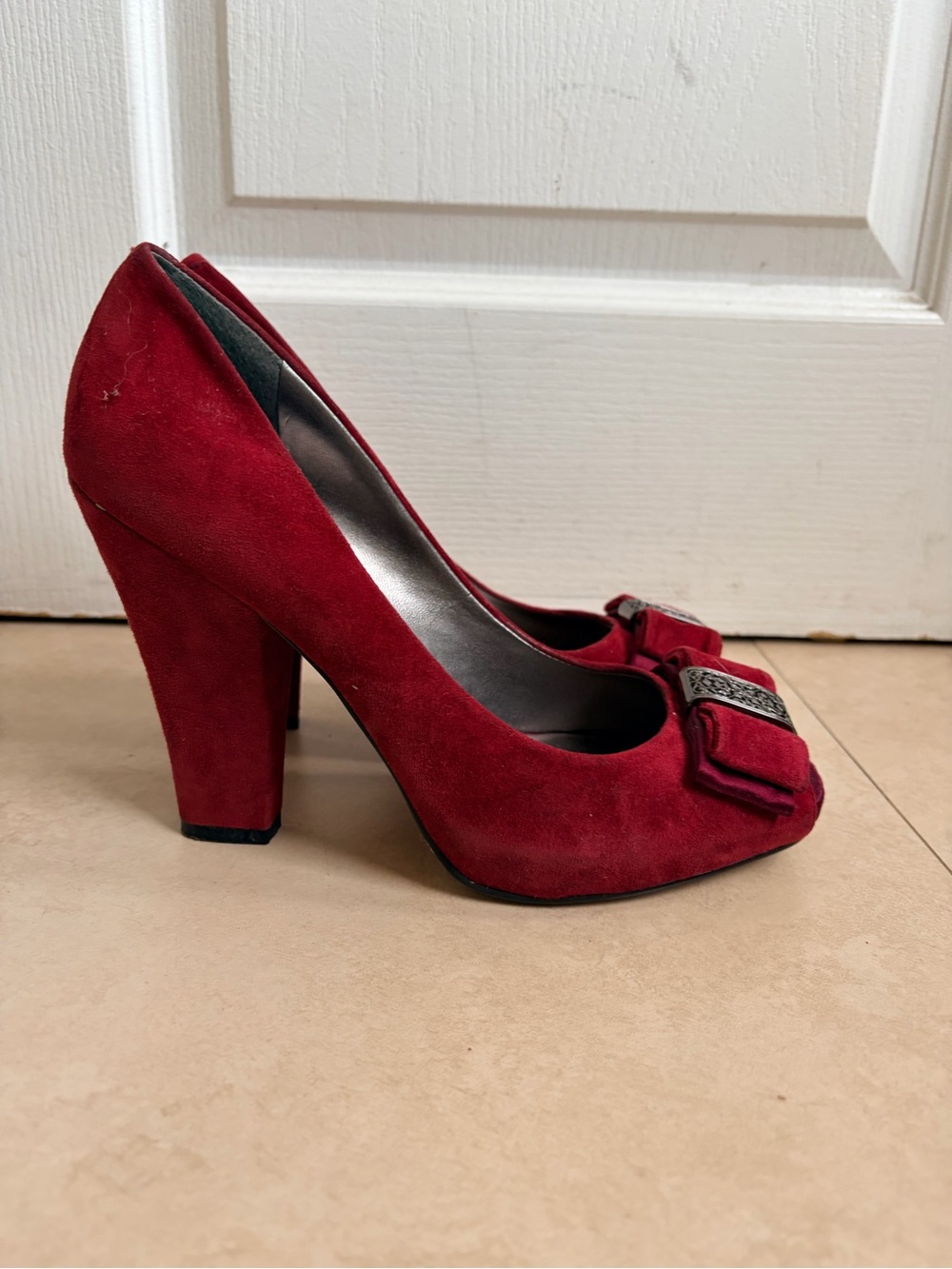 Nine West Red Suede Block Heel Pumps with Bow Accent